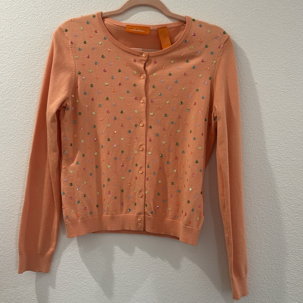Intuitions Sequin Rayon Cotton Long Sleeve Button Down Crew Neck Cardigan Sweat
